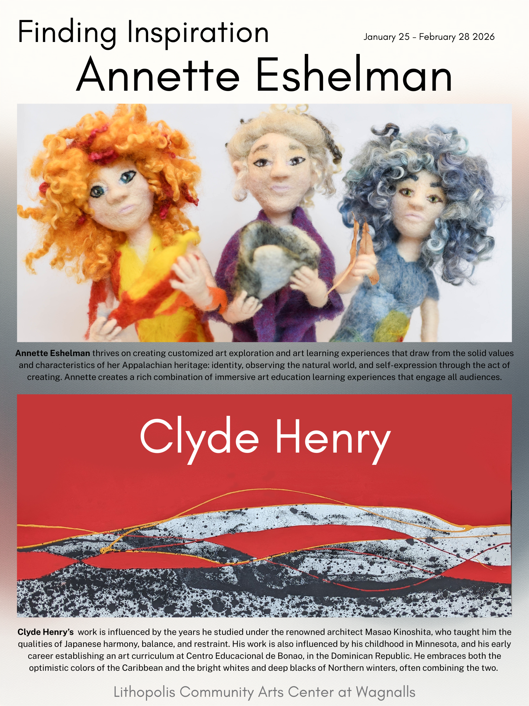 Eshelman's felted dolls and Henry's red abstract art.